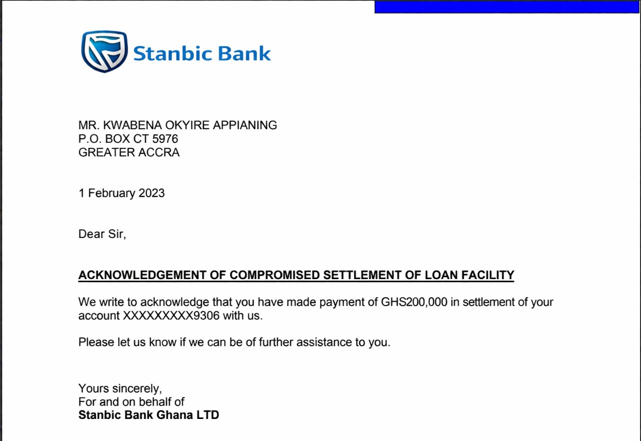 Stanbic Bank loan settlement acknowledgement letter - GHS 200,000